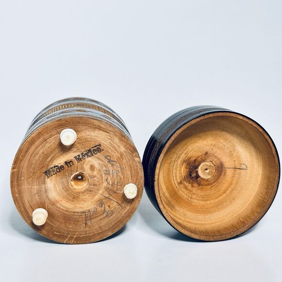 Folk Art Wood Lidded Footed Trinket Box Jar Hand Carved Round Inca Mexico Signed - Picture 11 of 13